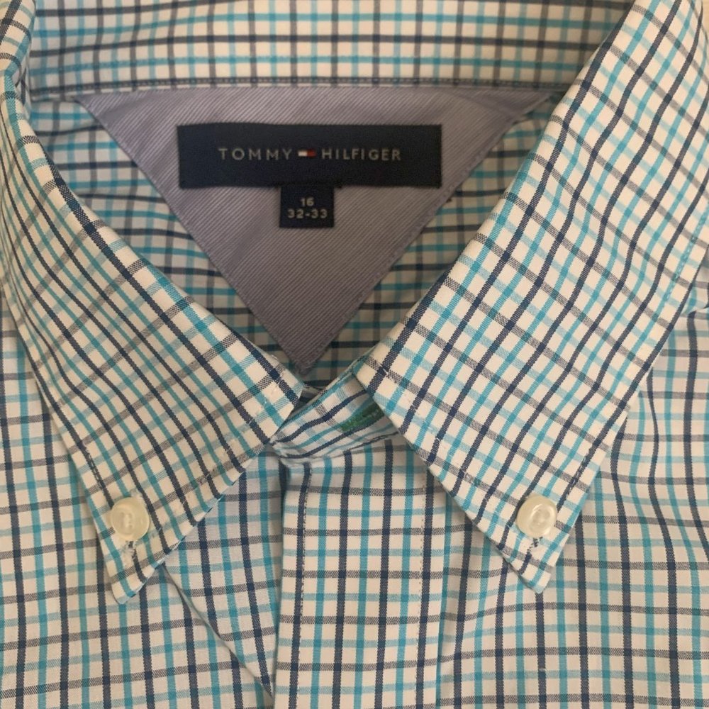 NWT-Tommy Hilfiger Men's Sz 16 32-33 Blue Square Long Sleeve Dress Shirt